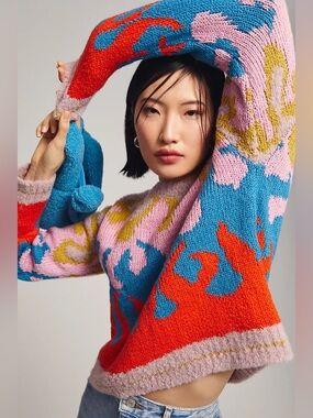 MOTHER Multicolor Floral Crewneck Sweater - Pink, Blue & Red